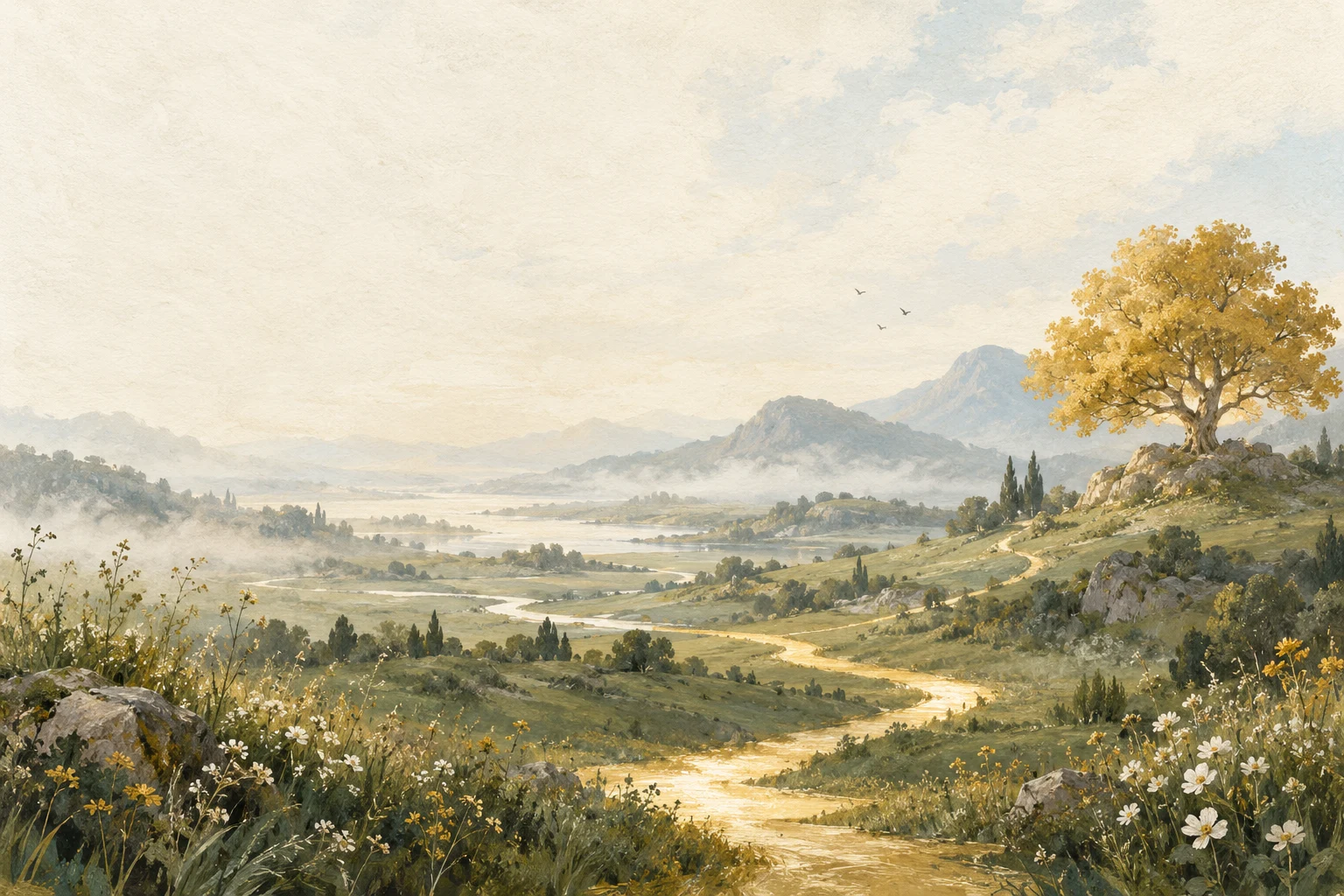 A sunlit path through a quiet painted meadow